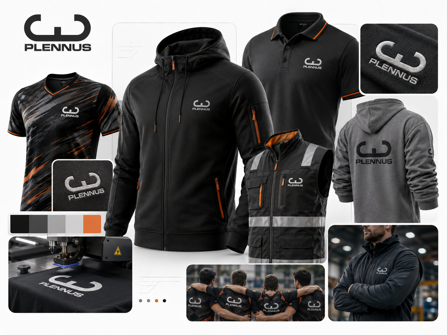 Proyectos de ropa personalizada Plennus Barcelona Collage de proyectos de ropa deportiva técnica laboral y corporativa personalizada por Plennus en Barcelona