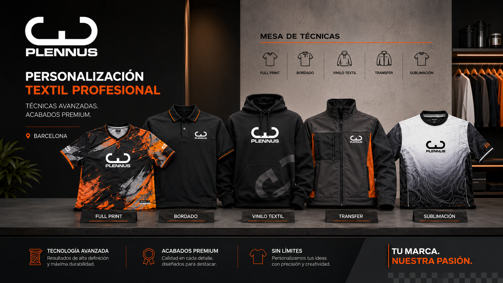 Personalización textil en Barcelona con sublimación, full print, vinilo textil, transfer y bordado por Plennus
